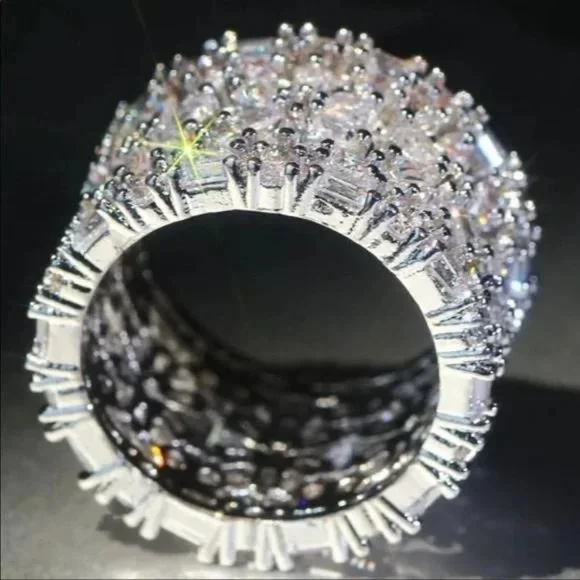 Sparkling Silver Crystal Wide Band Ring - White - Picture 3 of 6
